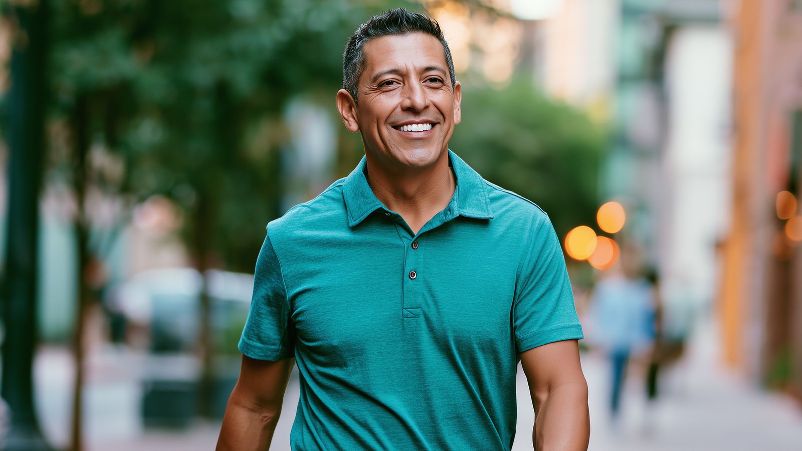 A business owner walking through a city street in the late afternoon